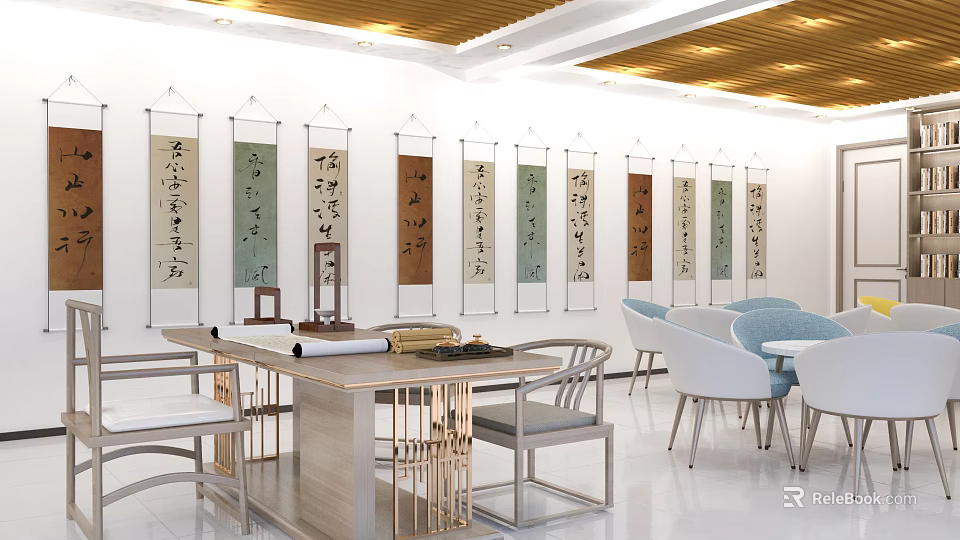 Book Art Gallery Featuring Hanging Calligraphy Scrolls And Wooden Display Table With Chairs 3d model 