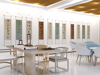 Book Art Gallery Featuring Hanging Calligraphy Scrolls And Wooden Display Table With Chairs 3d model