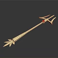 Golden Trident Weapon With Red Gemstone And Pointed End On Reflective Surface 3d model