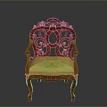 Red Carved Armchair With Yellow Cushion And Ornate Backrest Design