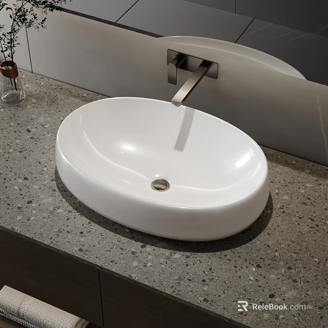 White Oval Washbasin on Gray Speckled Countertop with Modern Silver Faucet and Small Vase 3d model 