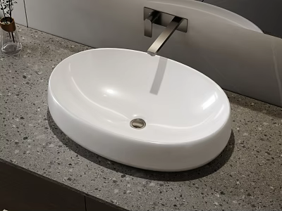 White Oval Washbasin on Gray Speckled Countertop with Modern Silver Faucet and Small Vase 3d model