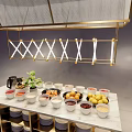 Stylish Hanging Structure Over Shelf With Bowls Cups And Green Plant On Pink Background