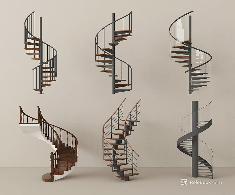 Spiral Staircase Interior Design Showcasing Various Styles With Wooden Steps And Metal Railings 3d model 
