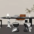 Desk and Chair Combination Round Stool Desk Lamp 3d model