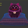 Adorable Blue Lucky Cat Decorative Figurine and Red Plaid Cushion Ornament Set