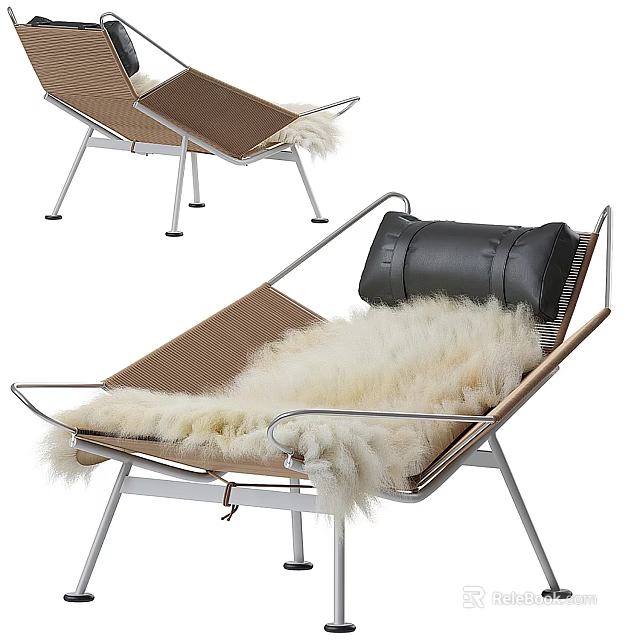 Modern Lounge Chair with Metal Frame Brown Woven Seat Black Pillow and White Fur Cushion 3d model 