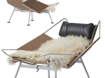 Modern Lounge Chair with Metal Frame Brown Woven Seat Black Pillow and White Fur Cushion 3d model