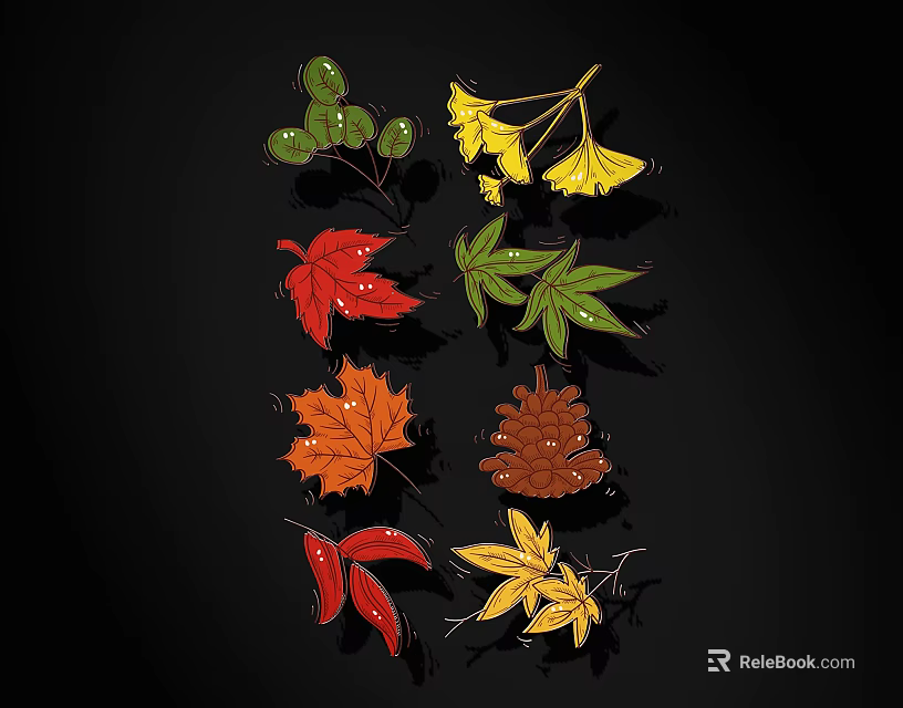 Colorful Autumn Leaves And Pine Cones With Various Shapes And Colors 3d model 