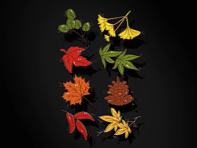 Colorful Autumn Leaves And Pine Cones With Various Shapes And Colors 3d model
