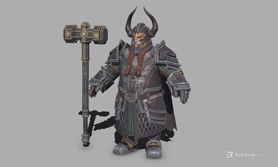 Fantasy Armored Warrior Character With Horned Helmet Large Hammer And Intricate Armor Details 3d model 