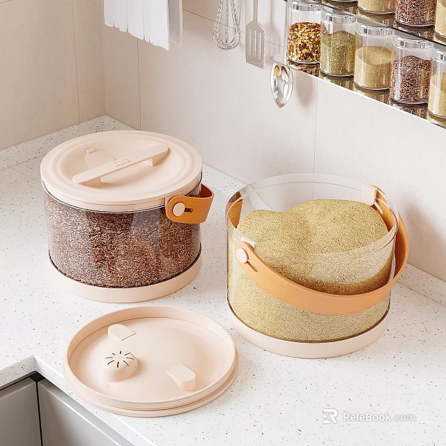 Modern Kitchen Storage Jars With Lids Handles Holding Dark Light Grains On Countertop 3d model 