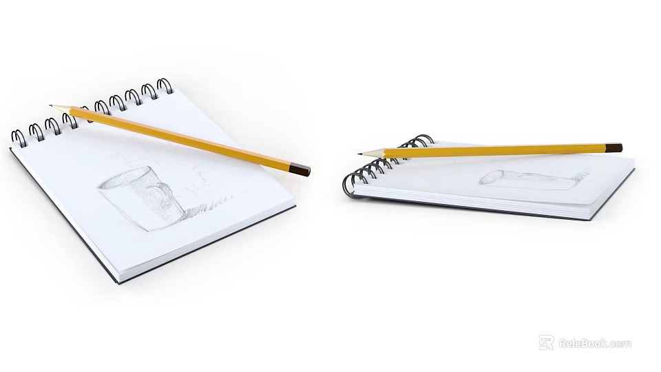 Open Spiral Notebook With Pencil And Sketches Of Cup And Shoe 3d model 