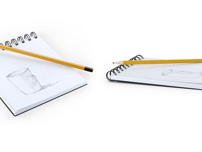 Open Spiral Notebook With Pencil And Sketches Of Cup And Shoe 3d model