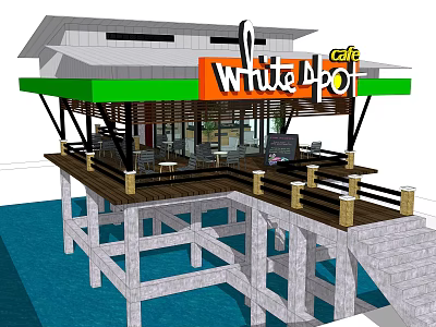 White Spot Cafe Exterior Design With Green Awning And Wooden Deck Over Water 3d model