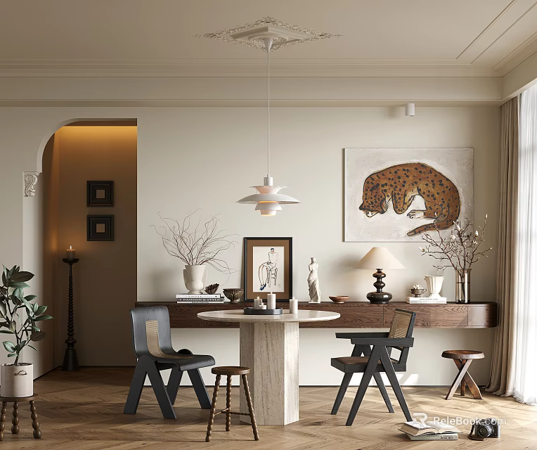 Elegant Restaurant Interior With Dining Table Chairs Hanging Lamp Leopard Artwork And Plants 3d model