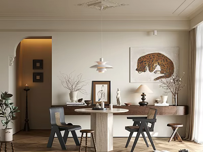 Elegant Restaurant Interior With Dining Table Chairs Hanging Lamp Leopard Artwork And Plants 3d model