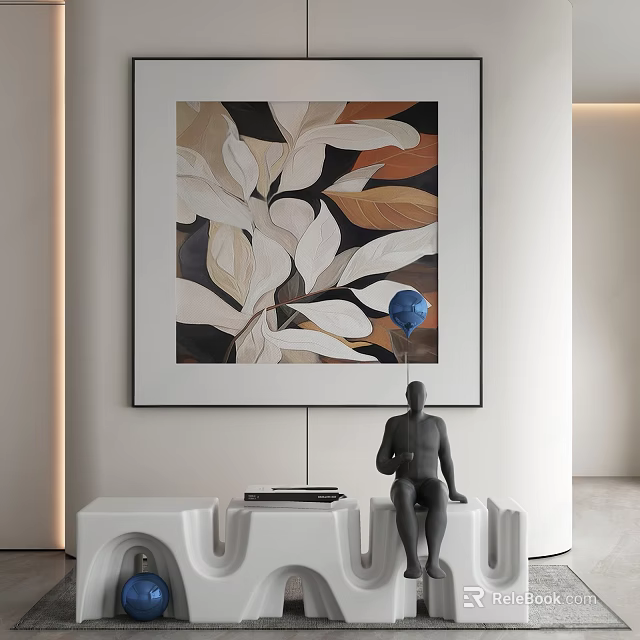 Abstract Leaf Painting With Blue Balloon And Human Figure Sculpture On White Furniture 3d model 