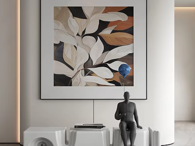 Abstract Leaf Painting With Blue Balloon And Human Figure Sculpture On White Furniture 3d model