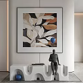 Abstract Leaf Painting With Blue Balloon And Human Figure Sculpture On White Furniture
