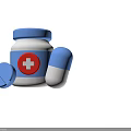White Medicine Bottle With Blue Cap Red Cross Blue Tablet And Blue And White Capsule