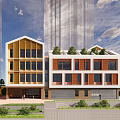 Modern Multi Story Building With White Wooden Facade Large Windows Steps Greenery And Blue Sky