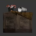 Wooden Crate With Red Gears Free Labeled Metal Bucket And Wooden Plank