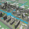 Modern Office Buildings In Urban Area With River And Green Landscape Features