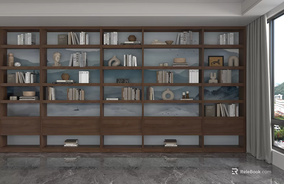 Modern Walnut Wood Storage Shelf With Books And Decorative Items On Gray Wall 3d model 