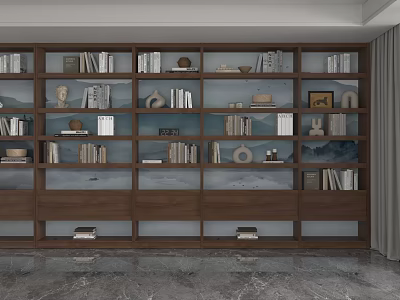 Modern Walnut Wood Storage Shelf With Books And Decorative Items On Gray Wall 3d model