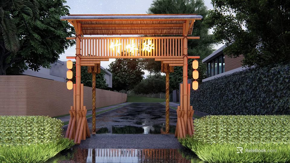 Bamboo Entrance Gate With Hanging Lanterns Green Plants And Wet Pathway In Garden 3d model 