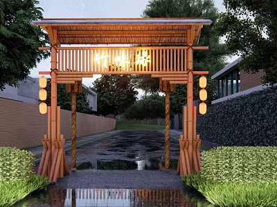 Bamboo Entrance Gate With Hanging Lanterns Green Plants And Wet Pathway In Garden 3d model