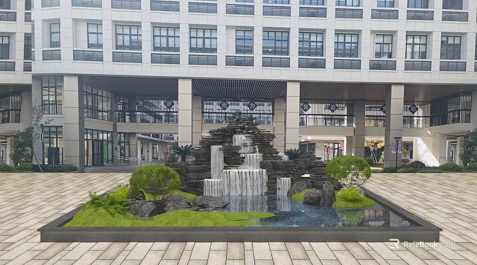 Elegant Garden Landscape with Waterfall Stones Green Plants and Pool in Front of Modern Building 3d model 