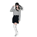 Woman Posing in Off Shoulder White Blouse Black Pleated Skirt and White Thigh High Socks