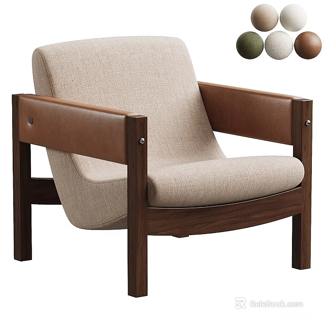 Beige Fabric Accent Chair With Brown Leather Armrests Dark Wood Frame And Color Options 3d model 