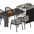 Dining Table Set With Wooden Top Woven Rattan Chairs Black Legs And Marble Cabinet