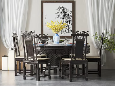 Chinese Style Carved Wooden Dining Table And Chairs Set With Yellow Flower Vase Landscape Painting 3d model