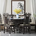 Chinese Style Carved Wooden Dining Table And Chairs Set With Yellow Flower Vase Landscape Painting