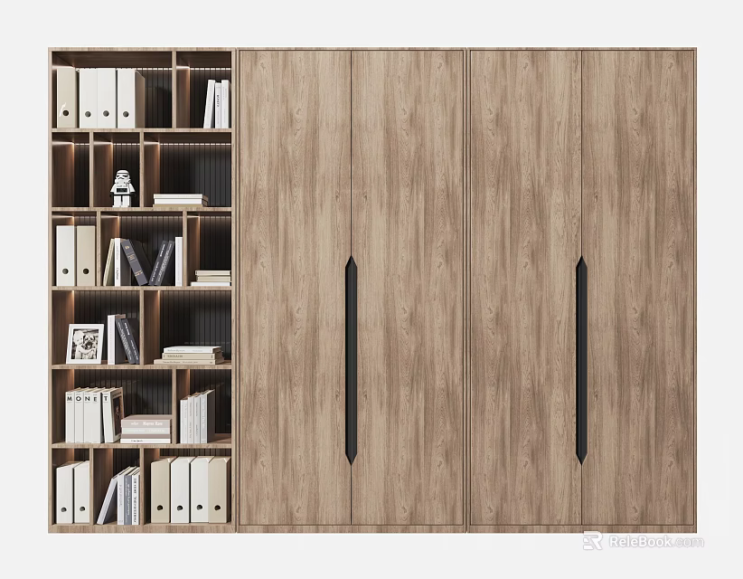 Modern Wooden Decorative Cabinet With Open Shelves Black Handles Books Folders And Photo Frames 3d model 