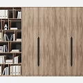 Modern Wooden Decorative Cabinet With Open Shelves Black Handles Books Folders And Photo Frames