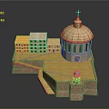 Historic Dome Building With Cross Yellow White Adjacent Buildings Stone Platform Wall And Small Tower