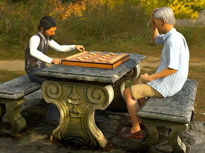 Two People Playing Chess At Outdoor Stone Table 3d model