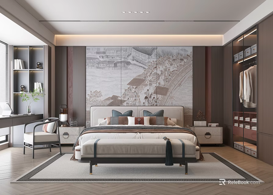 Modern Bedroom Interior Design With Large Wall Mural Platform Bed And Built In Wardrobe 3d model 