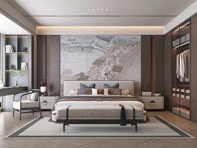 Modern Bedroom Interior Design With Large Wall Mural Platform Bed And Built In Wardrobe 3d model
