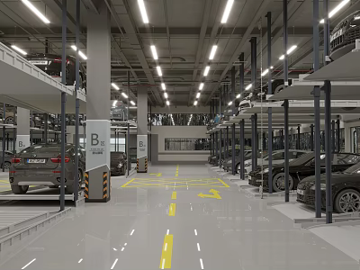 Indoor Multi Level Parking Garage With Parked Cars Signage Yellow Lines Arrows And Bright Lighting 3d model