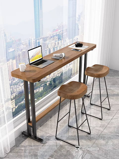 Wooden Bar Counter With City View And Two Stools With Black Metal Legs 3d model 