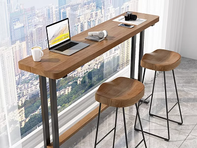 Wooden Bar Counter With City View And Two Stools With Black Metal Legs 3d model
