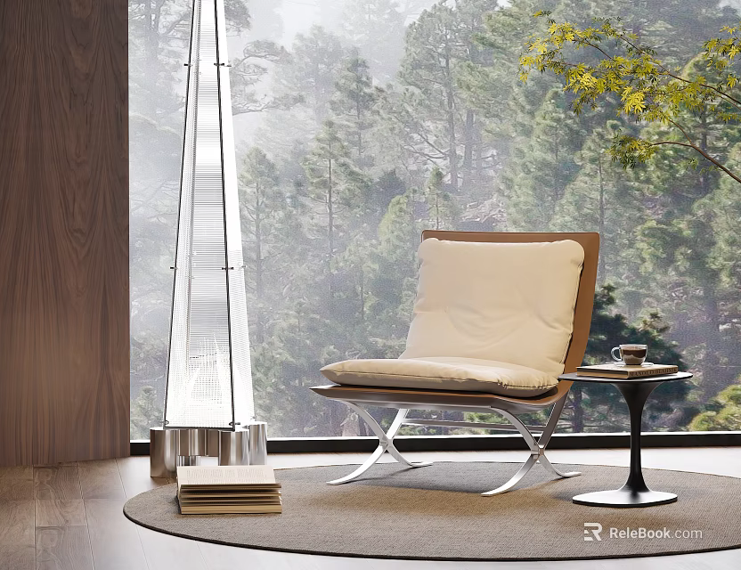 Modern Leisure Chair With Soft Cushion By Large Window Forest View And Side Table On Rug 3d model 