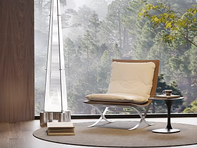 Modern Leisure Chair With Soft Cushion By Large Window Forest View And Side Table On Rug 3d model