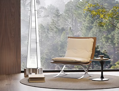 Modern Leisure Chair With Soft Cushion By Large Window Forest View And Side Table On Rug 3d model